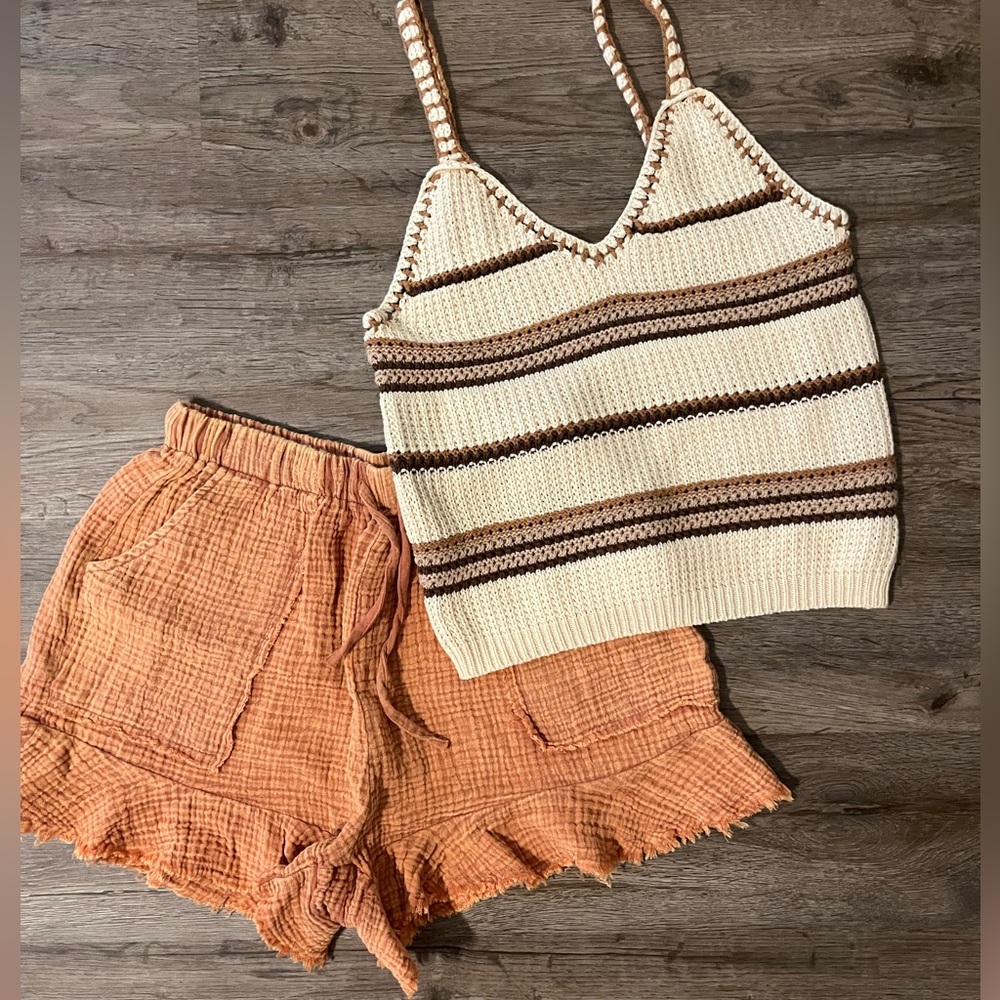 Pink Lily Striped Knit Tank Top and Frayed Hem Shorts Set